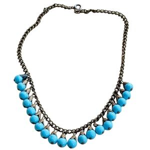 Flapper Art deco Czech Glass Necklace VTG aqua Blue fringe bronze choker 16"L